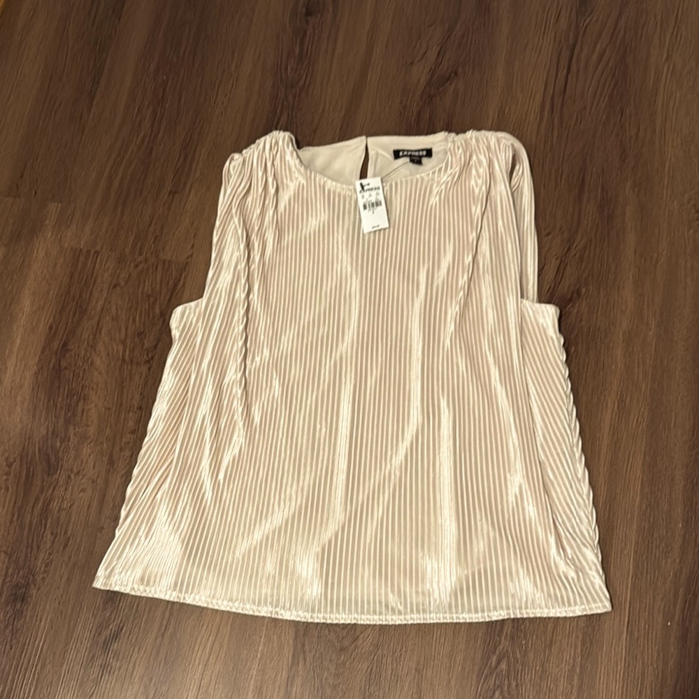 Express metallic crew neck pleated ruched sleeveless blouse top